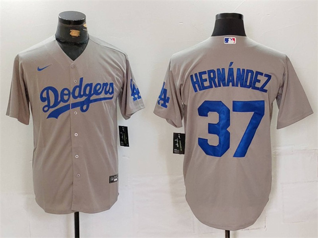 Men's Los Angeles Dodgers #37 Teoscar Hernández Gray Cool Base Stitched Baseball Jersey
